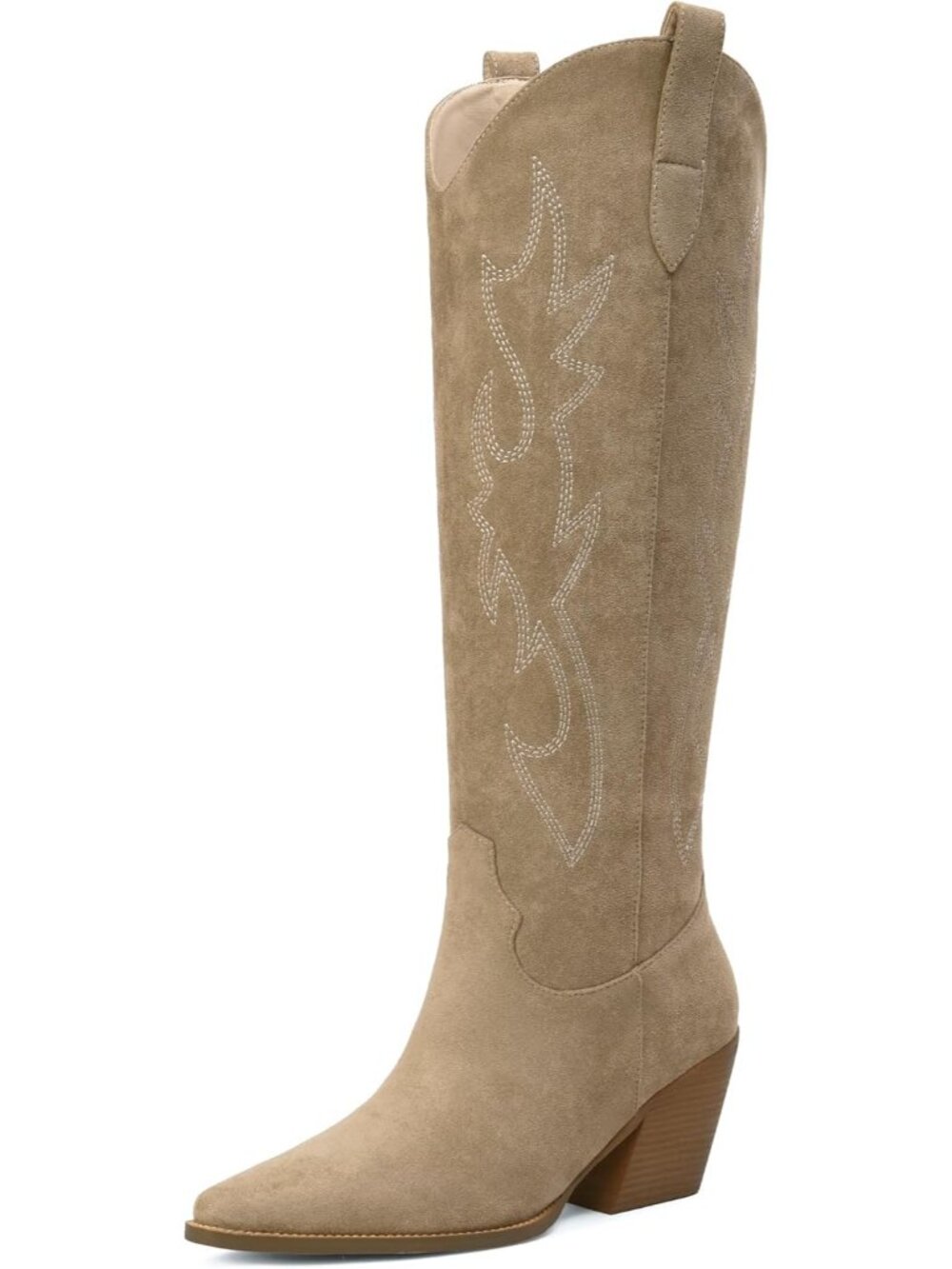 Women Tan Faux Leather Knee High Pointed Toe Block Heel Cowboy Boots